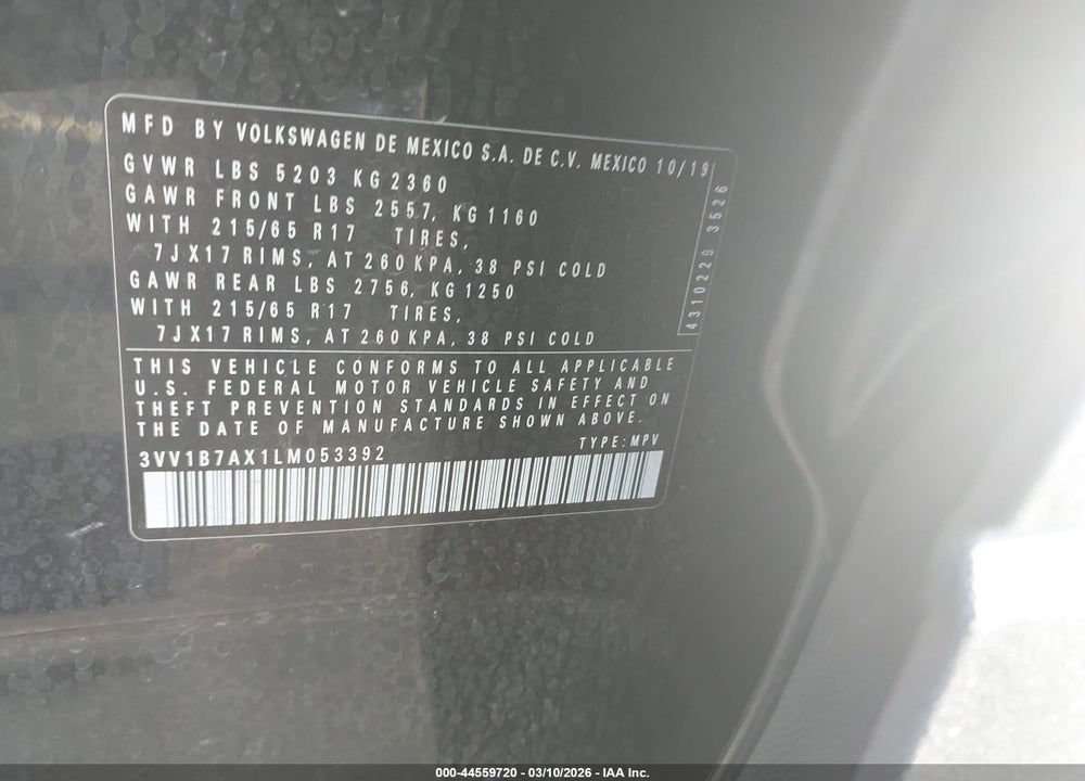 2020 VOLKSWAGEN TIGUAN 2.0T S VIN: 3VV1B7AX1LM053392