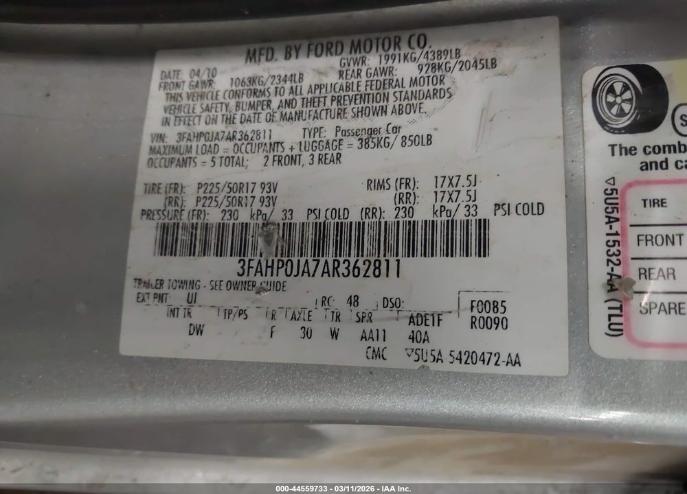 2010 FORD FUSION SEL VIN: 3FAHP0JA7AR362811
