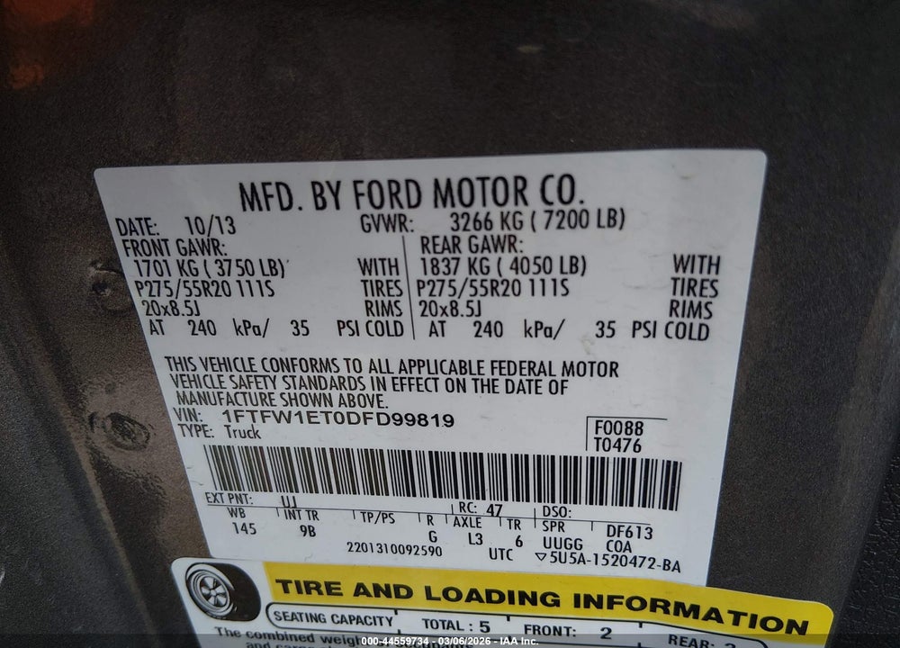 2013 FORD F-150 PLATINUM VIN: 1FTFW1ET0DFD99819