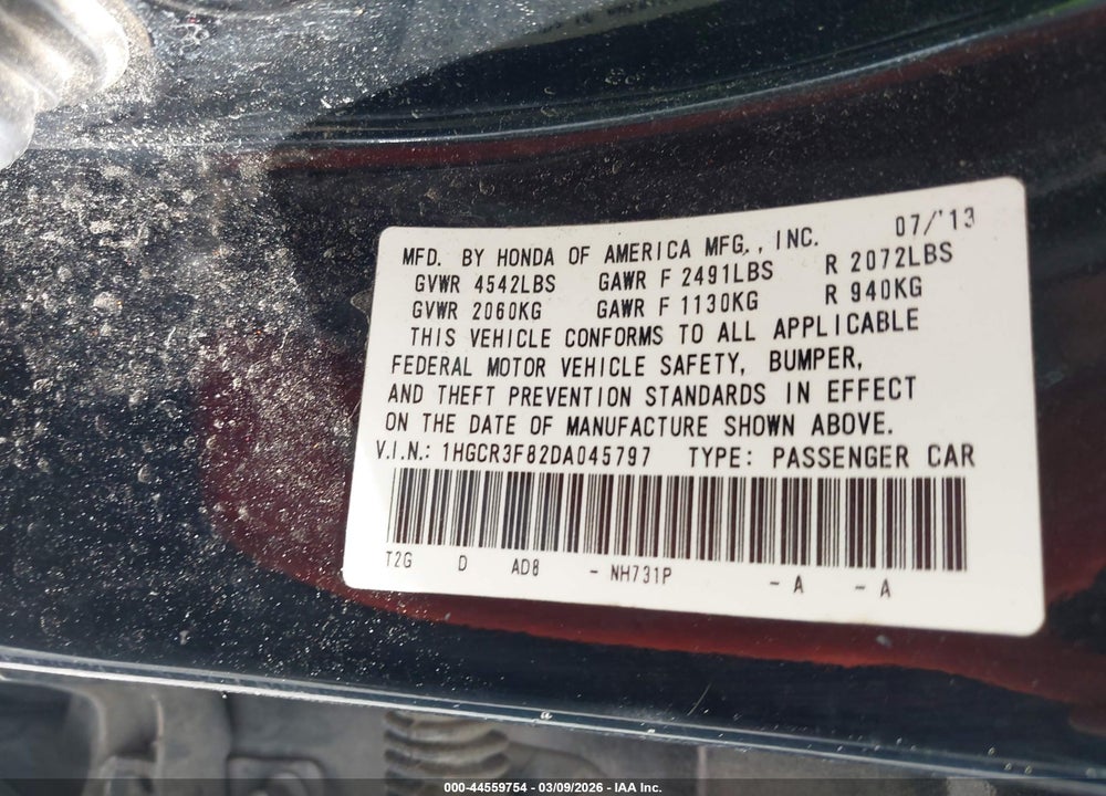 2013 HONDA ACCORD EX-L V-6 VIN: 1HGCR3F82DA045797