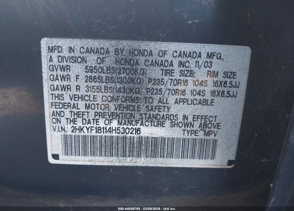 2004 HONDA PILOT LX VIN: 2HKYF18114H530216