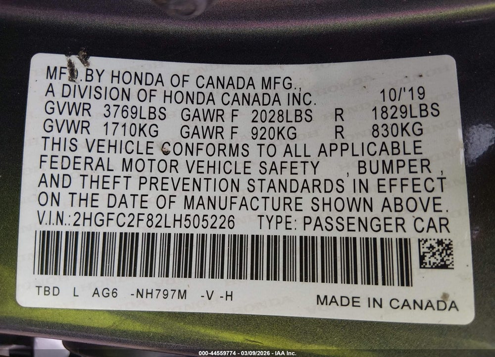 2020 HONDA CIVIC SPOR VIN: 2HGFC2F82LH505226