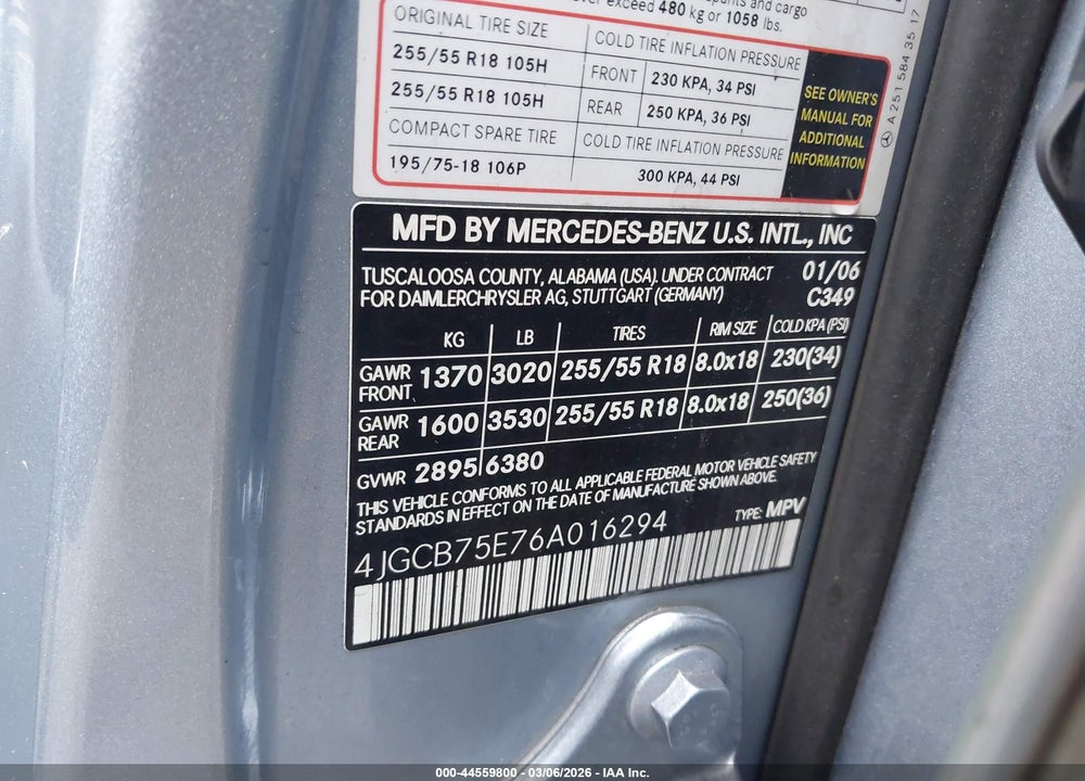 2006 MERCEDES-BENZ R 500 4MATIC VIN: 4JGCB75E76A016294