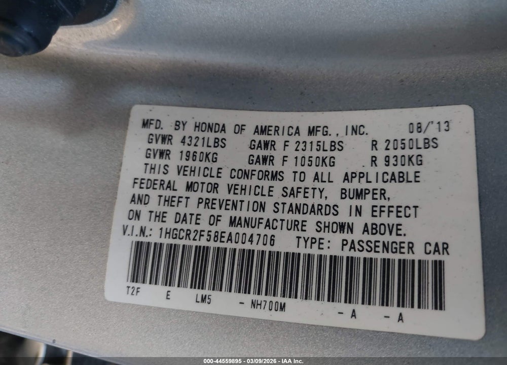 2014 HONDA ACCORD SPORT VIN: 1HGCR2F58EA004706