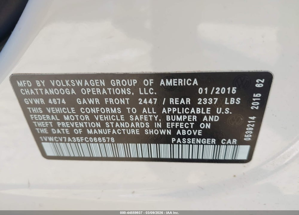 2015 VOLKSWAGEN PASSAT SEL VIN: 1VWCV7A35FC066578