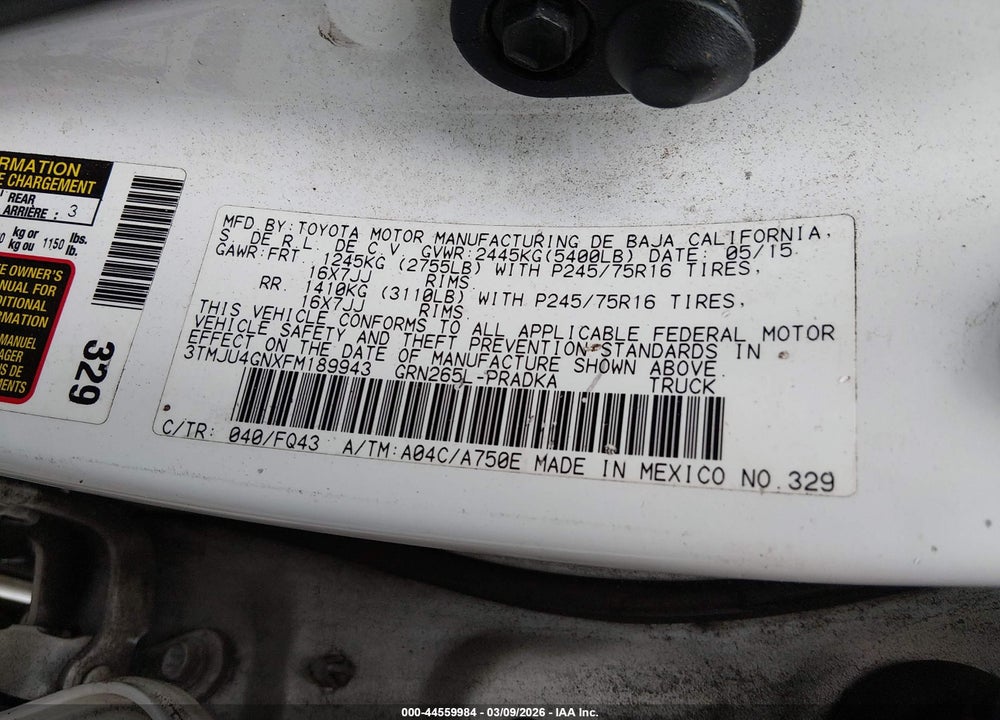 2015 TOYOTA TACOMA PRERUNNER V6 VIN: 3TMJU4GNXFM189943
