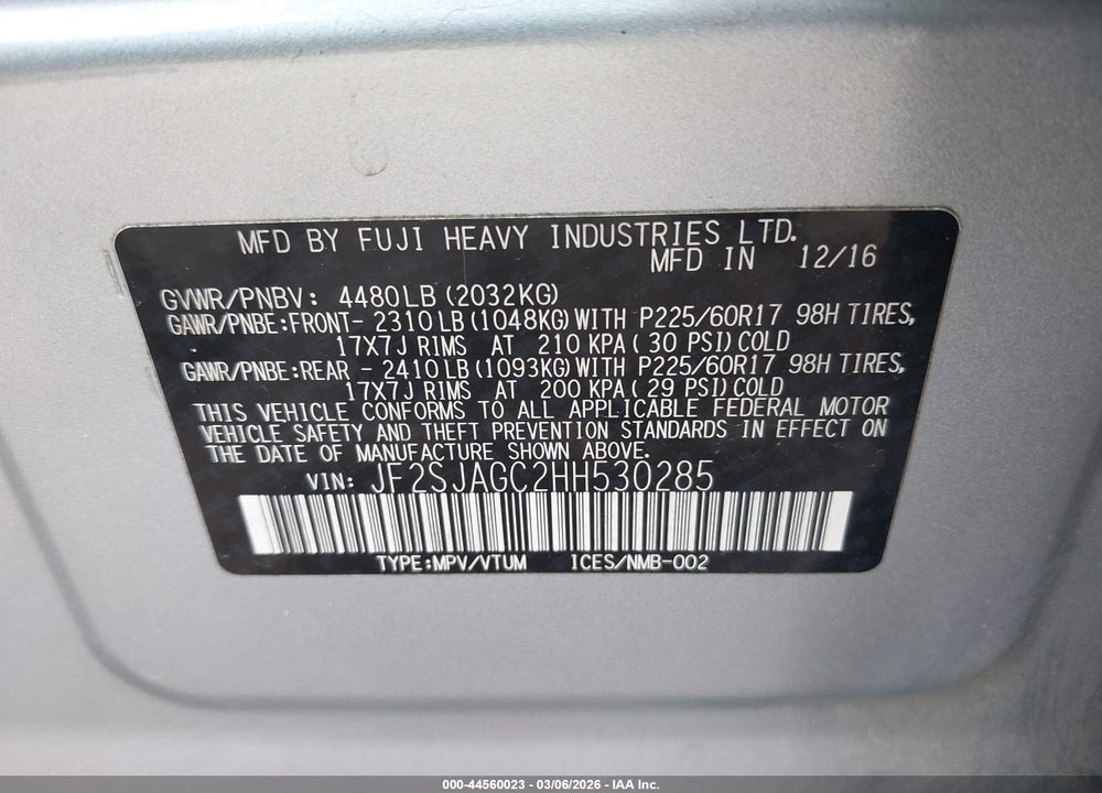 2017 SUBARU FORESTER 2.5I PREMIUM VIN: JF2SJAGC2HH530285