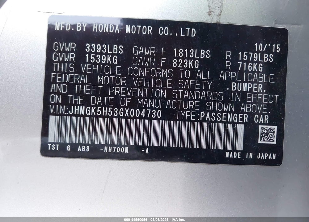 2016 HONDA FIT LX VIN: JHMGK5H53GX004730