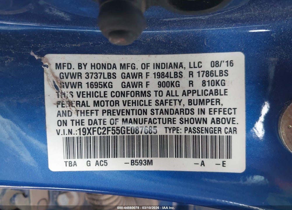 2016 HONDA CIVIC LX VIN: 19XFC2F55GE087685