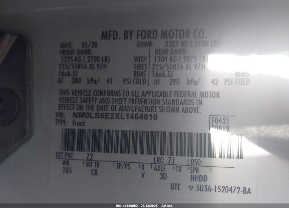 2020 FORD TRANSIT CONNECT XL VIN: NM0LS6E2XL1464610