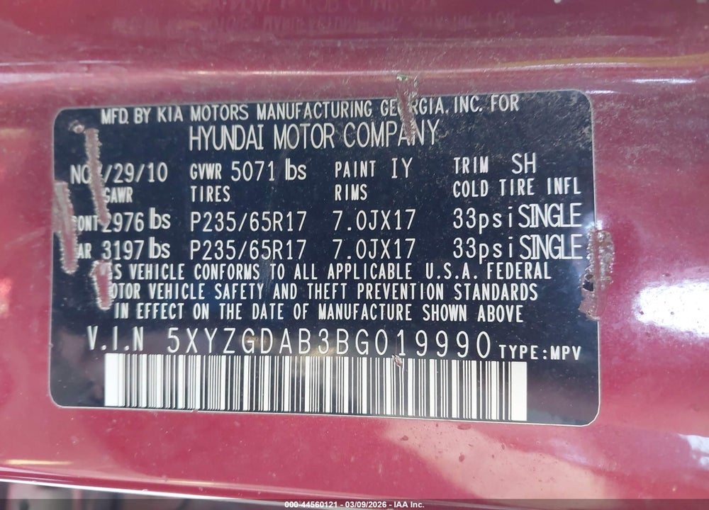 2011 HYUNDAI SANTA FE GLS VIN: 5XYZGDAB3BG019990