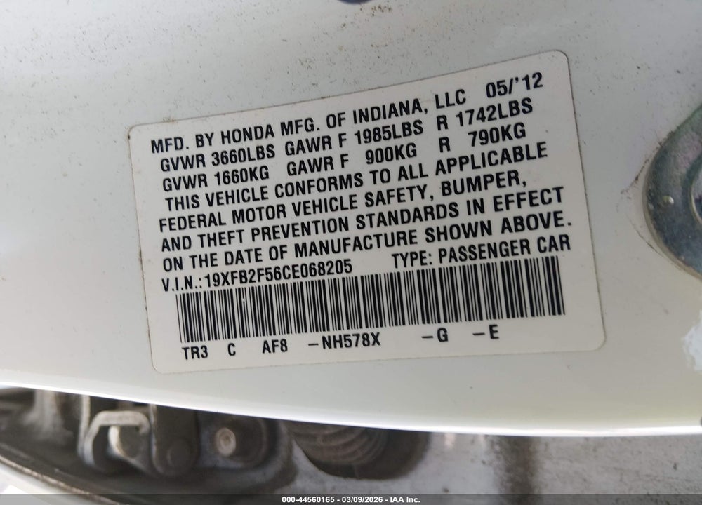 2012 HONDA CIVIC LX VIN: 19XFB2F56CE068205