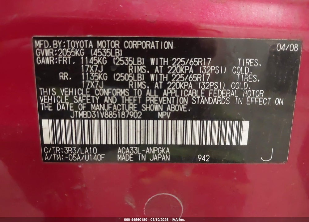 2008 TOYOTA RAV4 LIMITED VIN: JTMBD31V885187902