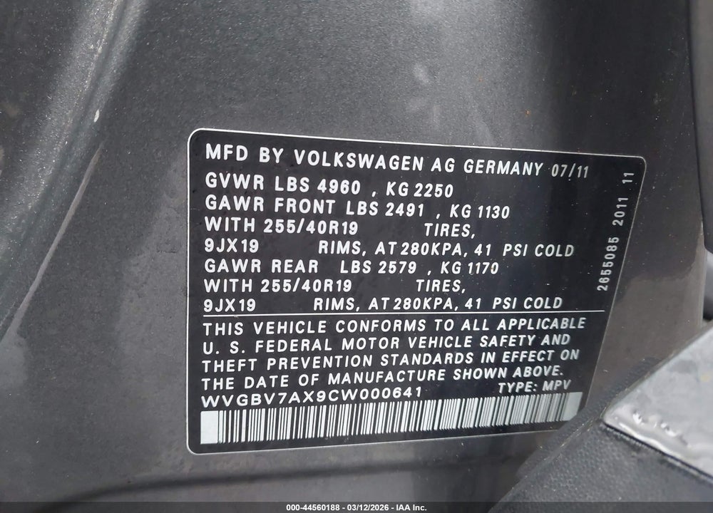 2012 VOLKSWAGEN TIGUAN S/SE/SEL VIN: WVGBV7AX9CW000641