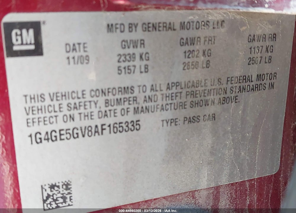 2010 BUICK LACROSSE CXS VIN: 1G4GE5GV8AF165335