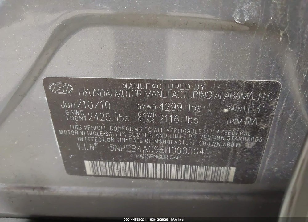 2011 HYUNDAI SONATA GLS VIN: 5NPEB4AC9BH090304
