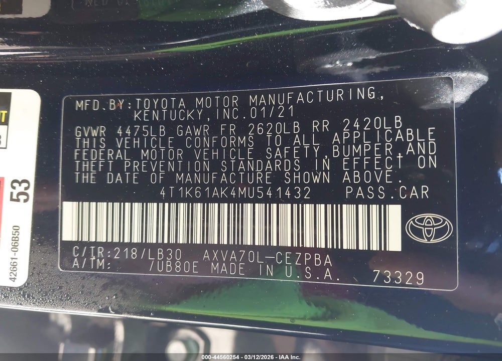 2021 TOYOTA CAMRY XSE VIN: 4T1K61AK4MU541432