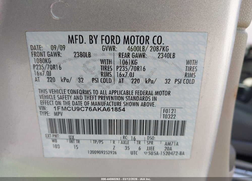 2010 FORD ESCAPE XLS VIN: 1FMCU9C76AKA61854