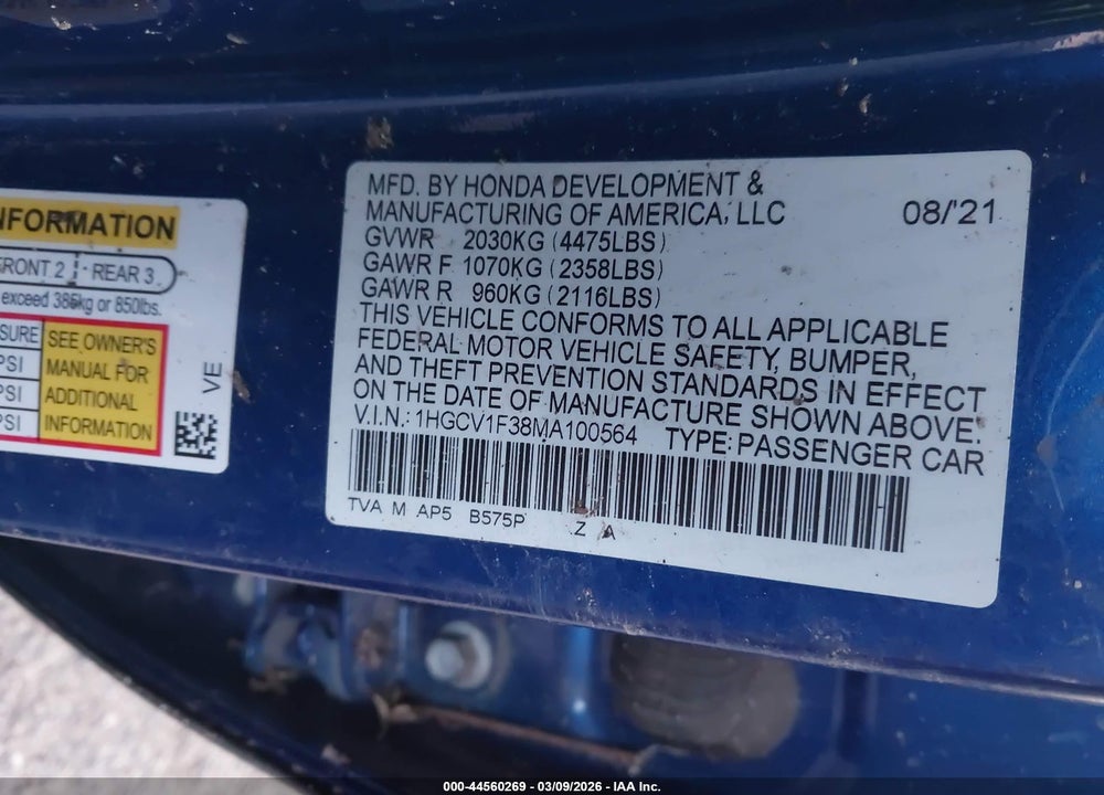 2021 HONDA ACCORD SPORT VIN: 1HGCV1F38MA100564
