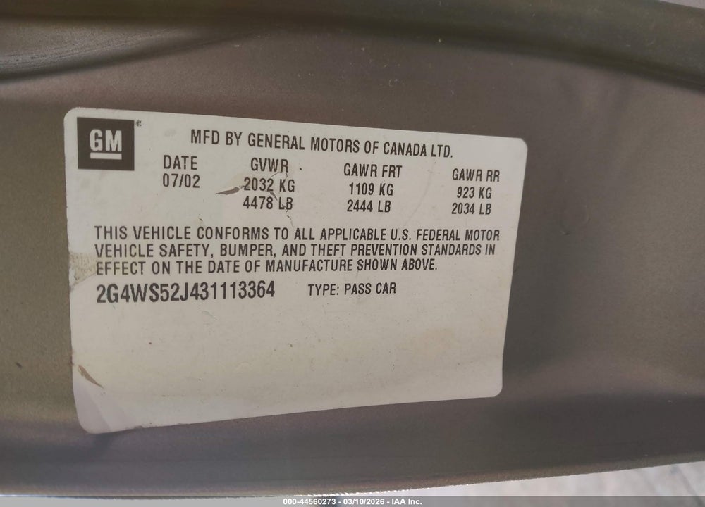 2003 BUICK CENTURY CUSTOM VIN: 2G4WS52J431113364