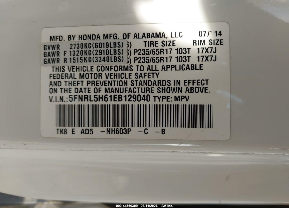2014 HONDA ODYSSEY EX-L VIN: 5FNRL5H61EB129040