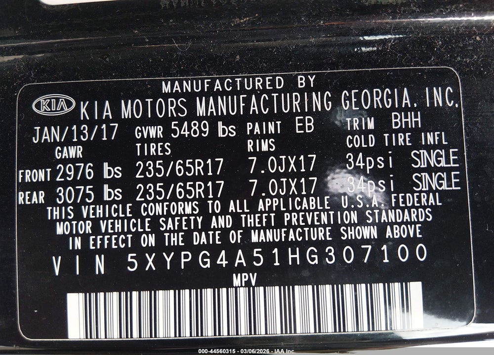 2017 KIA SORENTO 3.3L LX VIN: 5XYPG4A51HG307100