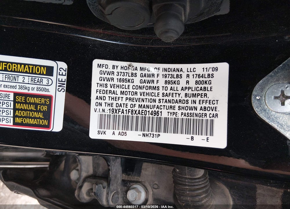 2010 HONDA CIVIC EX VIN: 19XFA1F8XAE014961