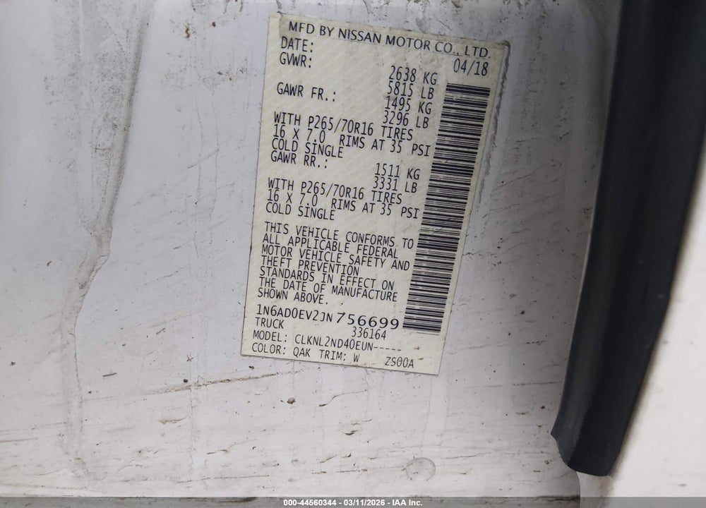 2018 NISSAN FRONTIER SV VIN: 1N6AD0EV2JN756699