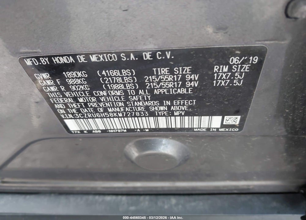 2019 HONDA HR-V EX VIN: 3CZRU6H58KM727833