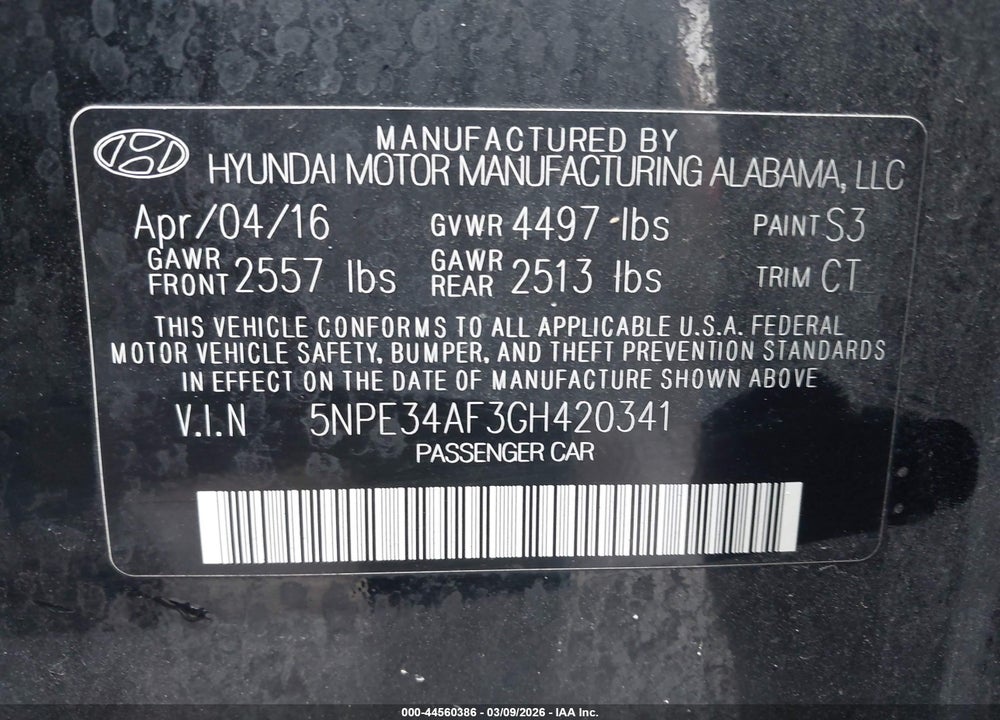 2016 HYUNDAI SONATA LIMITED VIN: 5NPE34AF3GH420341