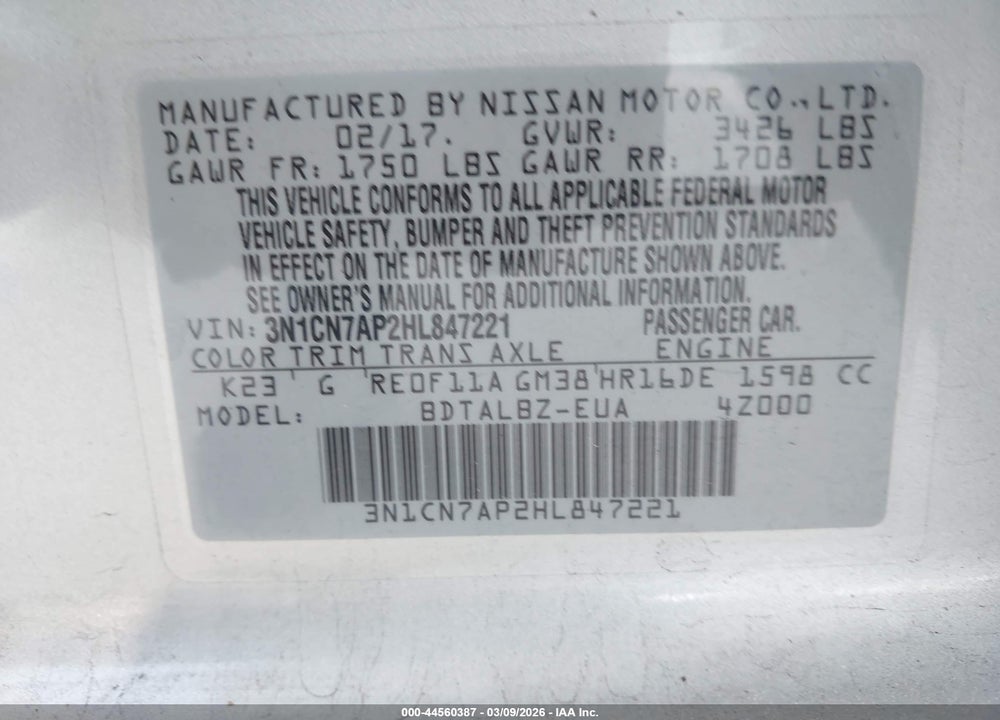 2017 NISSAN VERSA 1.6 SV VIN: 3N1CN7AP2HL847221
