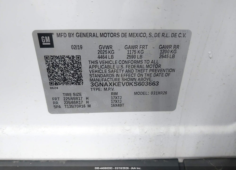 2019 CHEVROLET EQUINOX LT VIN: 3GNAXKEV0KS603663