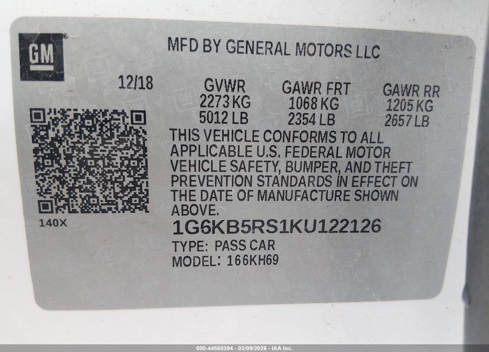 2019 CADILLAC CT6 LUXURY VIN: 1G6KB5RS1KU122126