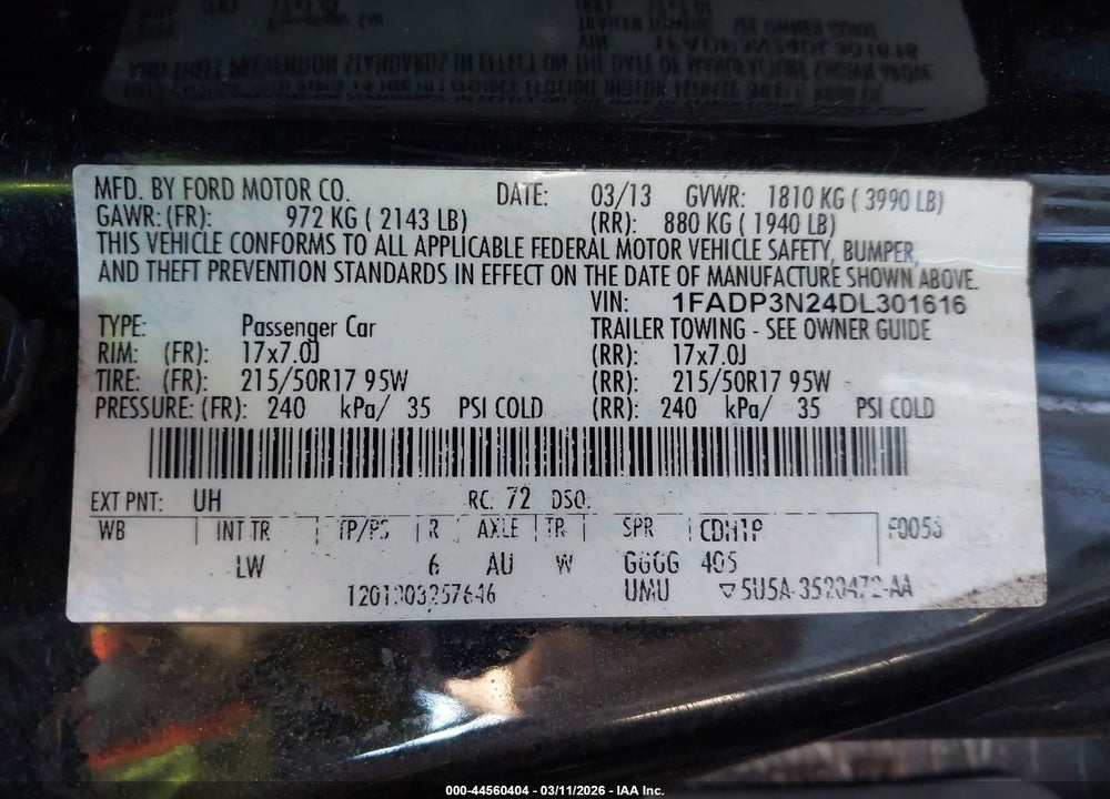 2013 FORD FOCUS TITANIUM VIN: 1FADP3N24DL301616