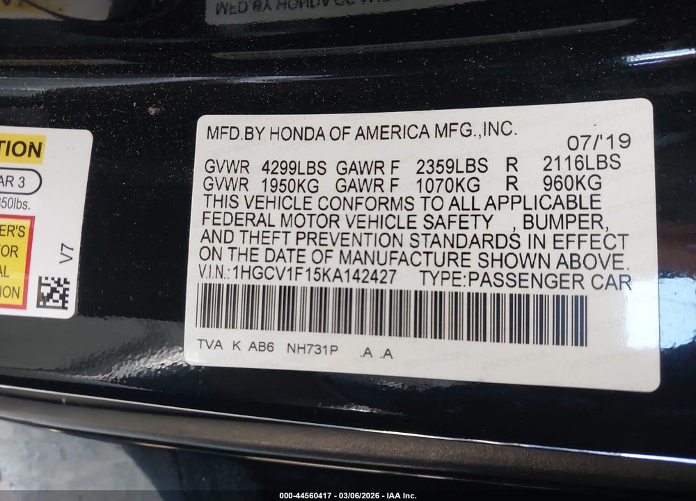 2019 HONDA ACCORD LX VIN: 1HGCV1F15KA142427