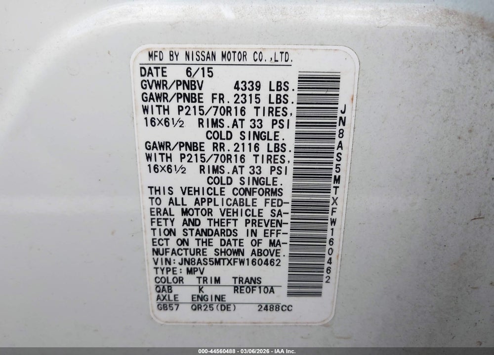 2015 NISSAN ROGUE SELECT S VIN: JN8AS5MTXFW160462