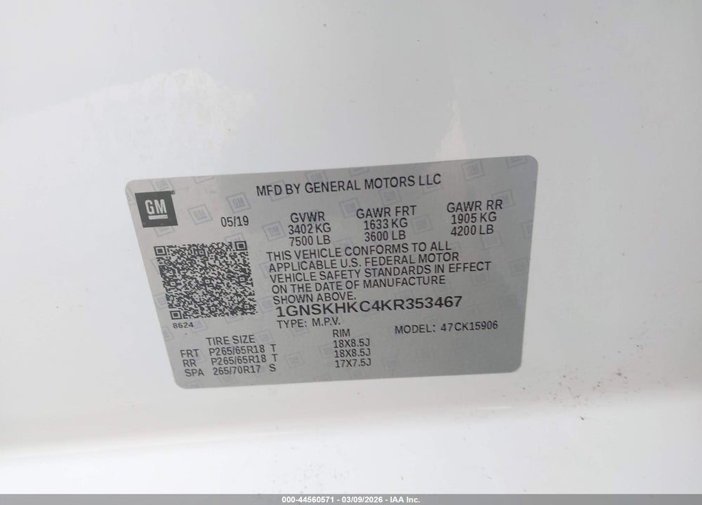 2019 CHEVROLET SUBURBAN LT VIN: 1GNSKHKC4KR353467