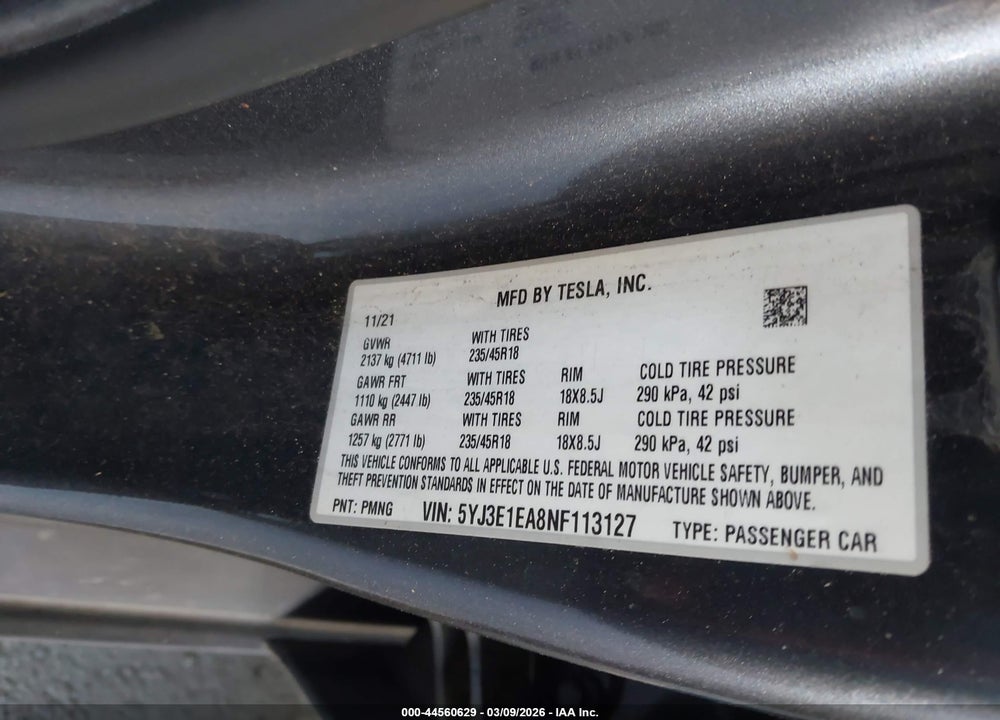 2022 TESLA MODEL 3 REAR-WHEEL DRIVE VIN: 5YJ3E1EA8NF113127