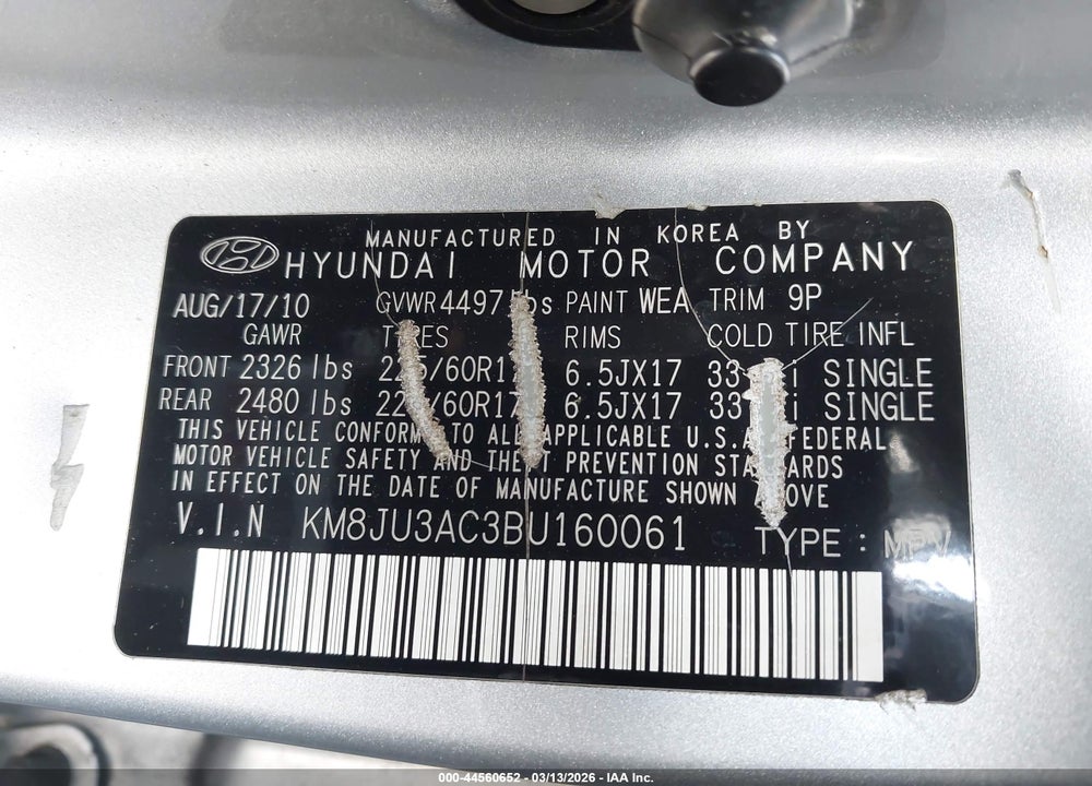 2011 HYUNDAI TUCSON GLS VIN: KM8JU3AC3BU160061