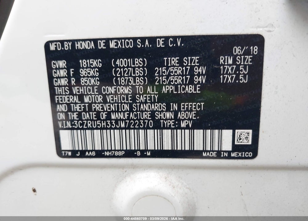 2018 HONDA HR-V LX VIN: 3CZRU5H33JM722370