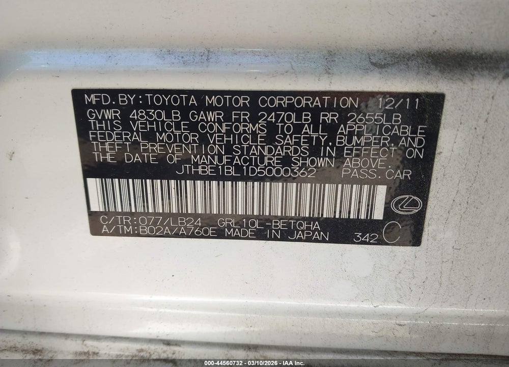 2013 LEXUS GS 350 VIN: JTHBE1BL1D5000362