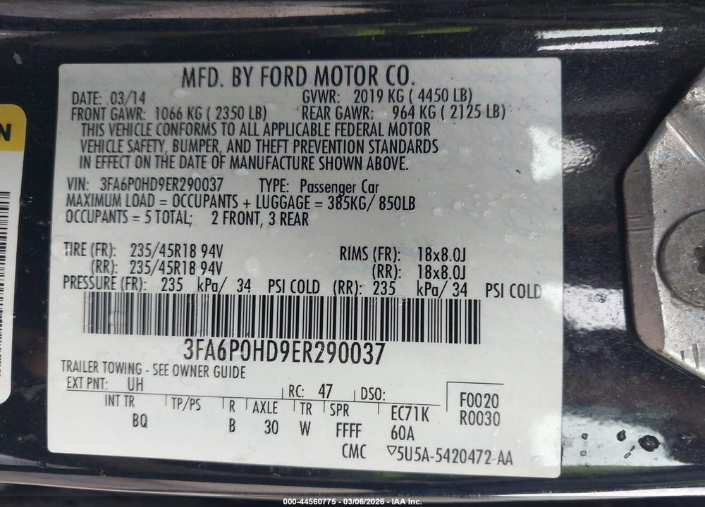 2014 FORD FUSION SE VIN: 3FA6P0HD9ER290037