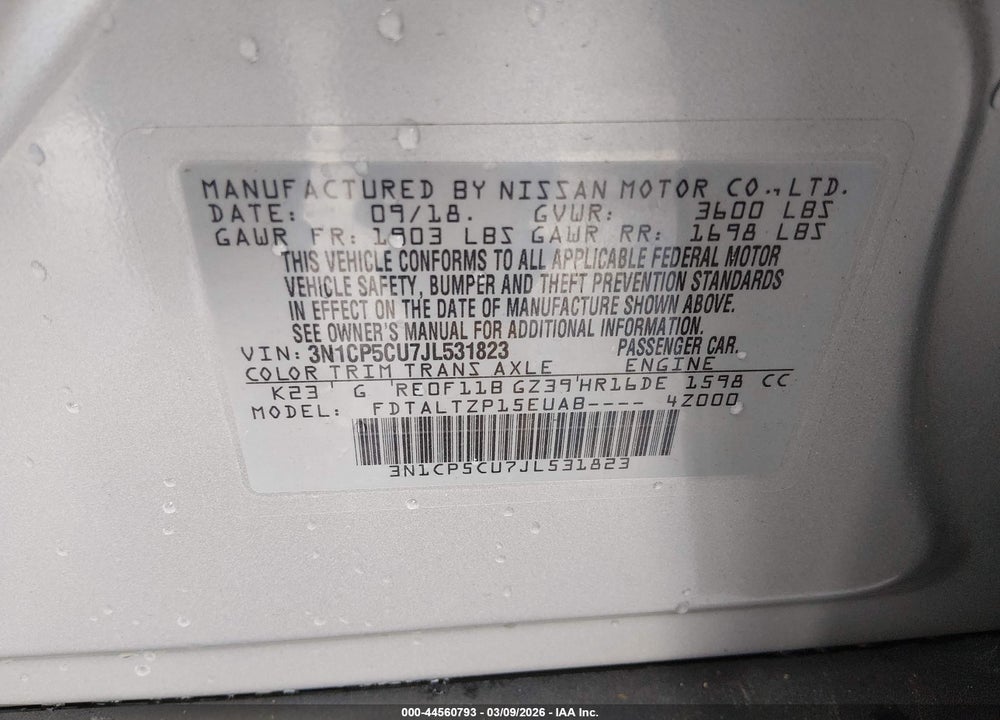 2018 NISSAN KICKS SR VIN: 3N1CP5CU7JL531823