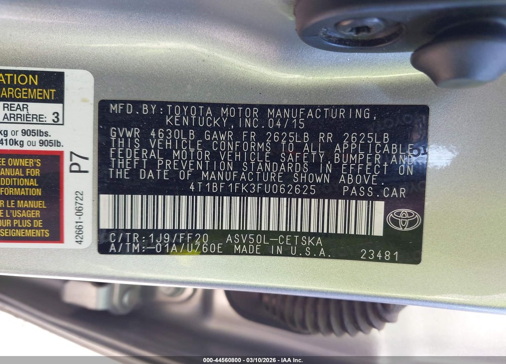 2015 TOYOTA CAMRY SE VIN: 4T1BF1FK3FU062625