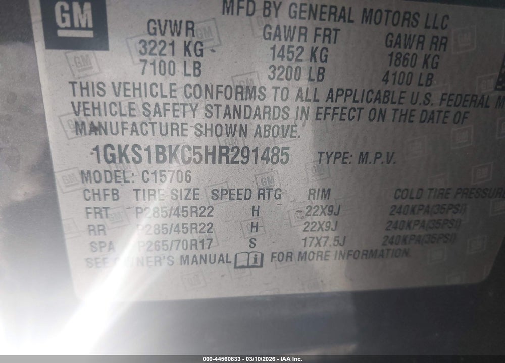 2017 GMC YUKON SLT VIN: 1GKS1BKC5HR291485