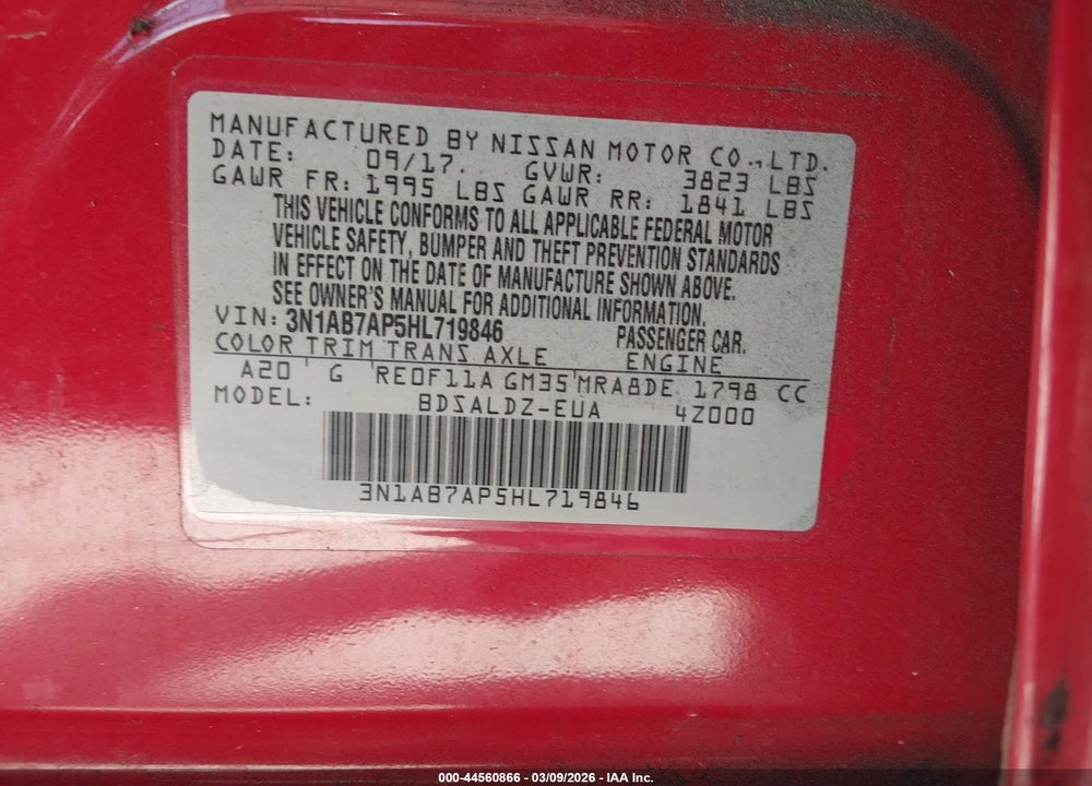 2017 NISSAN SENTRA SV VIN: 3N1AB7AP5HL719846