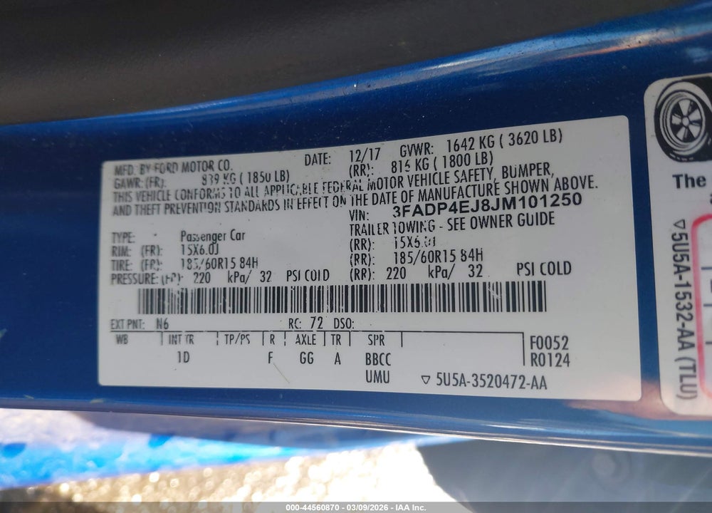2018 FORD FIESTA SE VIN: 3FADP4EJ8JM101250
