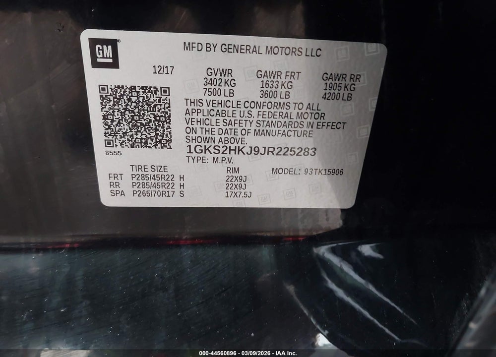 2018 GMC YUKON XL DENALI VIN: 1GKS2HKJ9JR225283