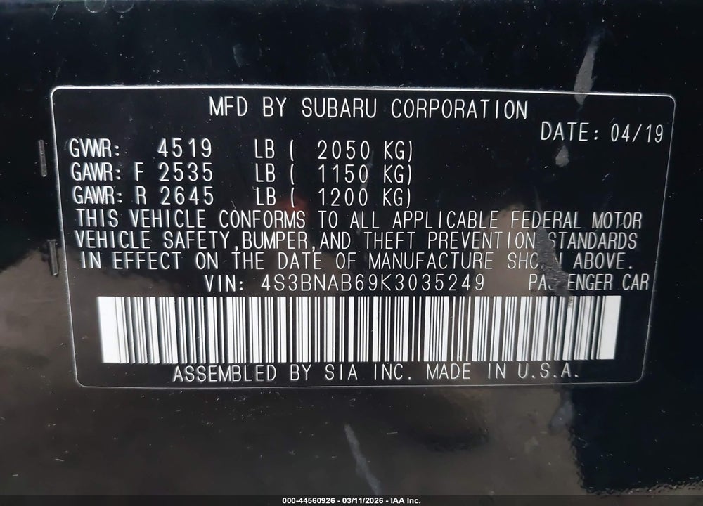 2019 SUBARU LEGACY 2.5I VIN: 4S3BNAB69K3035249