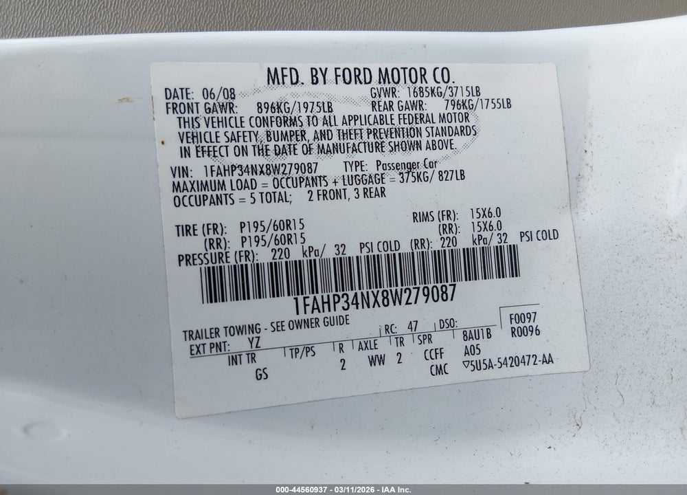 2008 FORD FOCUS S VIN: 1FAHP34NX8W279087